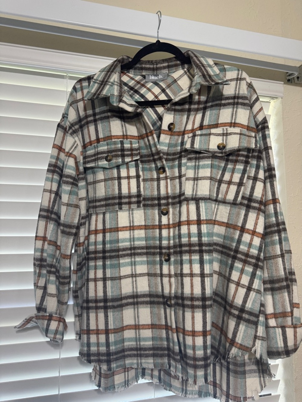 Blu Pepper Plaid Button-Up Shirt Jacket - Cream & Teal